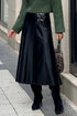 Retro Buckle Waist Pleated Vegan Leather Midi Skirt
